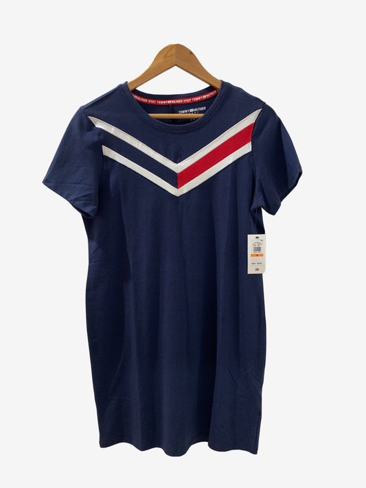 Robe t-shirt bleu marine à bandes tricolores – Style sport chic Maya Mode