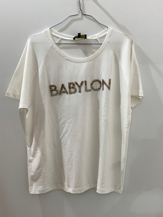T-shirt blanc “Babylon” à strass – Douceur et éclat Maya Mode